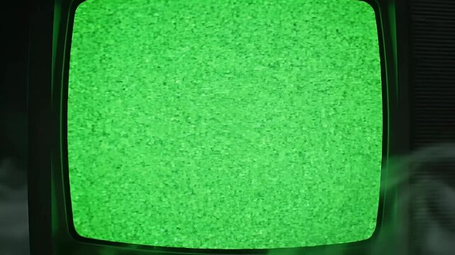 A vintage television set displaying a green screen is partially obscured by swirling smoke in a dimly lit studio environment.
