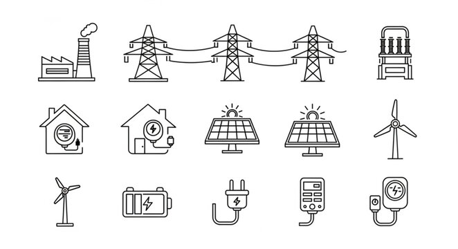 Collection of hand-drawn icons representing renewable energy sources and power infrastructure.