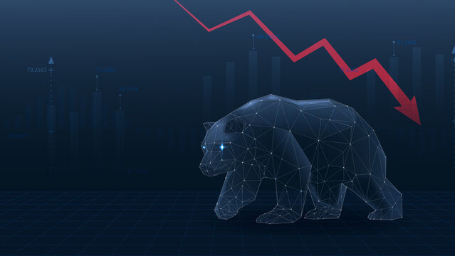 A digital representation of a bear symbolizing market decline, set against a backdrop of downward trends and data visualizations.