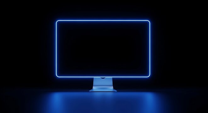 A futuristic glowing computer monitor with a neon blue frame on a black background blue light dark background modern technology