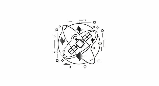 Stylized satellite orbits Earth with abstract lines and waves
