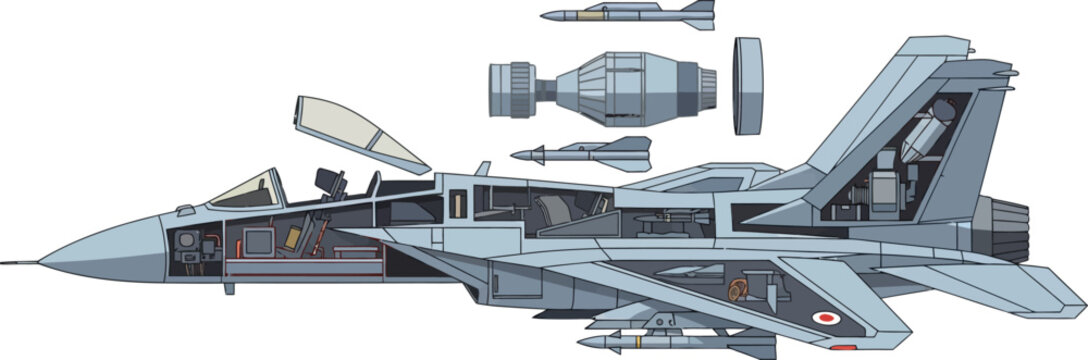 Fighter jet schematic reveals the internal components and modular parts of a modern combat aircraft.