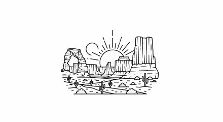 Naklejka premium Desert landscape with sun, rock formations, and cacti