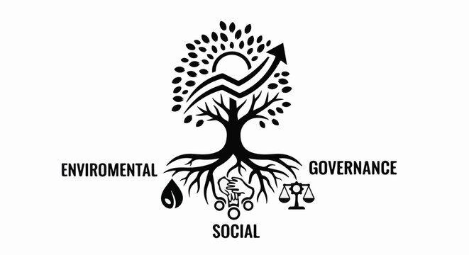 Stylized tree with roots symbolizing growth, environment, society, and governance