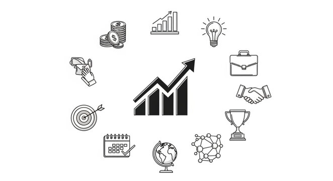 Business growth chart with surrounding icons representing success and strategy.