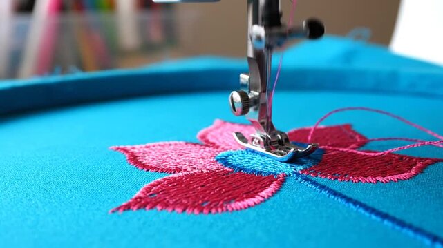 Sewing machine embroiders floral design.