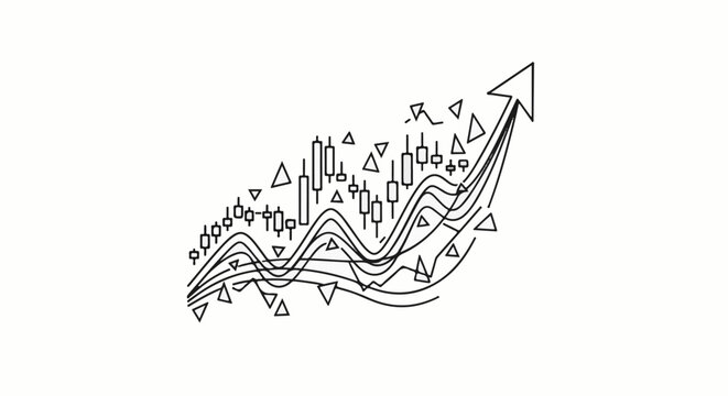 An upward trending graph with candlestick charts and triangles on a white background