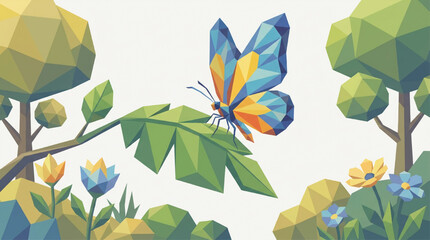Low poly butterfly in a geometric nature scene