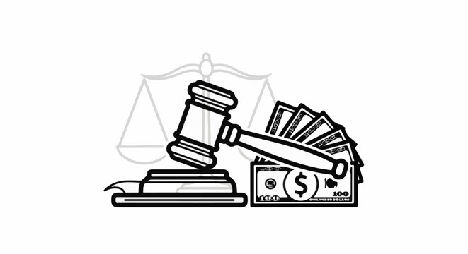 Gavel striking money with scales of justice in background