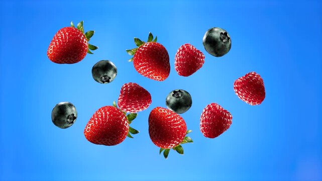 A mix of vibrant summer berries including strawberries and blueberries suspended or falling against a solid blue background. This 3D render is suitable for healthy food commercials, smoothies, or dair
