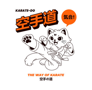 Cute Kawaii Karate Cat Martial Arts T-Shirt Illustration. Cute kawaii cat in karate gi performs a high kick. Vector print for t-shirt, merch. Translation from Japanese - karate-do, kiai, way of karate