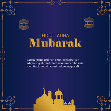 Luxury Eid ul Adha Mubarak Background with Golden Crescent Moon Mosque and Lanterns on Dark Blue Islamic Design