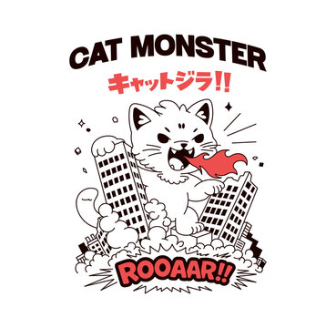 Cute Cat Monster Kaiju City T-Shirt Illustration. Cute kaiju cat monster stomps through city buildings and breathes fire in bold comic style. Translation from Japanese - catzilla. Vector art
