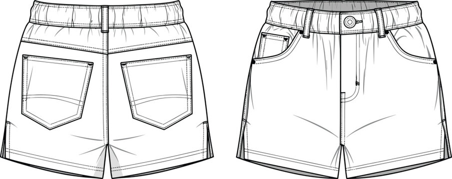 Technical fashion illustration of shorts, front and back garment drawing, waistband belt loops, button closure, patch pockets, apparel construction design