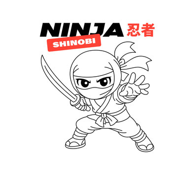 Cute Shinobi Ninja Warrior T-Shirt Illustration. Cute shinobi ninja character poses with sword in bold Japanese-inspired line art. Vector art for t-shirt, merch. Translation from Japanese - ninja. 