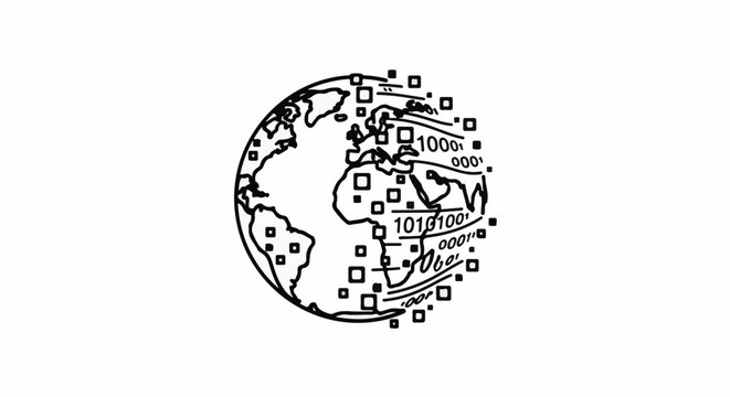 Earth with binary code and scattered squares, representing data flow