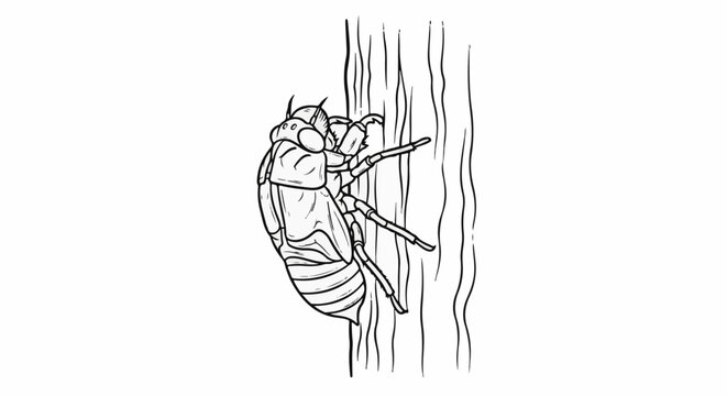 Detailed line art sketch of a cicada exoskeleton clinging to a textured surface