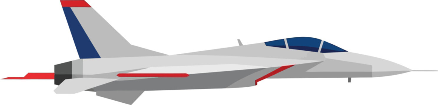 A white fighter jet with red and blue accents is shown in a side profile, emphasizing its classic aerodynamic form and readiness for flight.