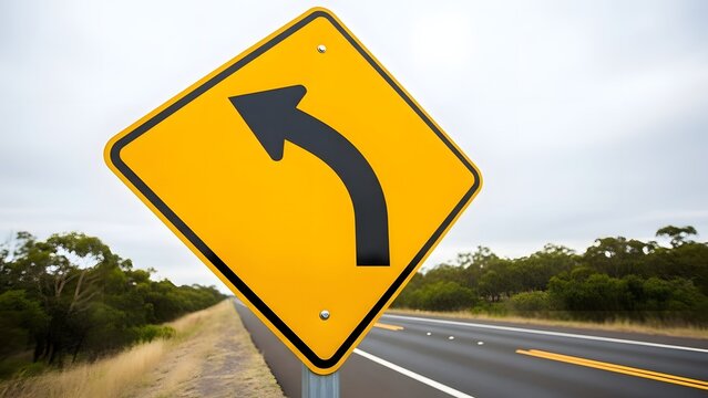 A sharp left turn ahead, indicated by a bright yellow diamond-shaped warning sign on a roadside