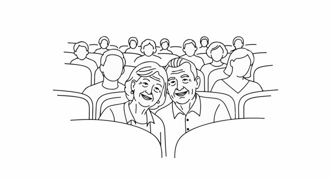 Elderly couple smiles in audience seats, surrounded by others in rows