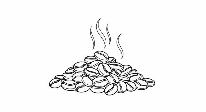 Heap of roasted coffee beans with steam rising