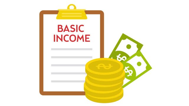 Basic Income with Coin Stack animation, guaranteed minimum income animated video, Economic Assistance clip, Unemployment Benefits footage, Unconditional Income motion graphics