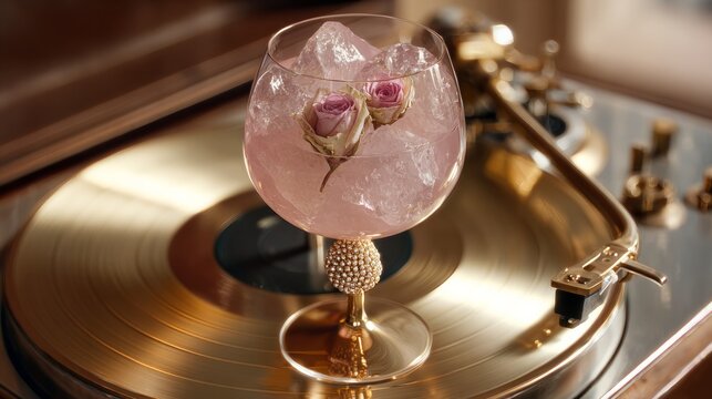 Golden record spins beneath a pink cocktail
