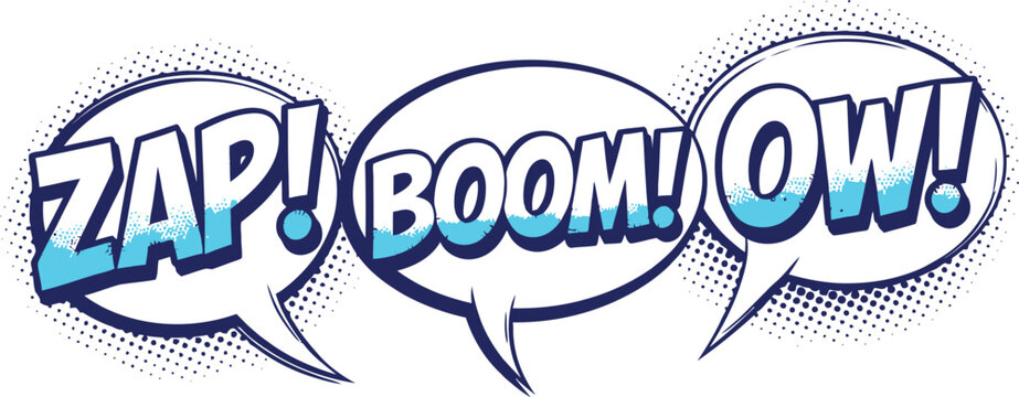 Comic book speech bubbles with onomatopoeia: zap, boom, and ow
