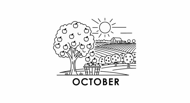 A stylized, line-art depiction of an apple harvest scene with a tree full of apples