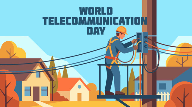 World Telecommunication Day Illustration of a Lineman Repairing Wires