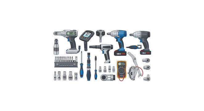 Comprehensive set of various hand and power tools neatly arranged on white background.