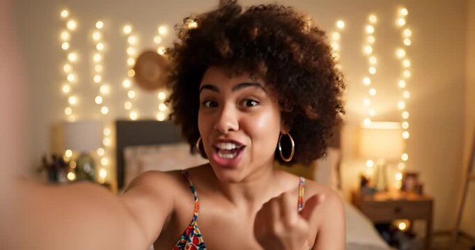 Young Woman Recording Video Blog or Video Call at Home with String Lights