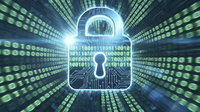 A glowing padlock symbol is centered within a dynamic stream of binary code, representing digital security.