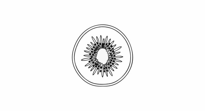 A simple black and white line drawing of a kiwi fruit slice with seeds