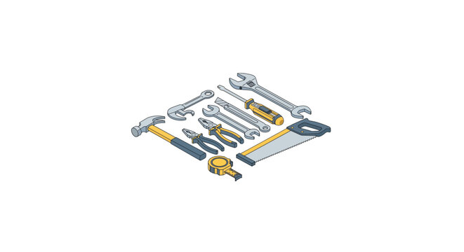 Set of various hand tools including hammer, wrench, screwdriver and tape measure on white background.