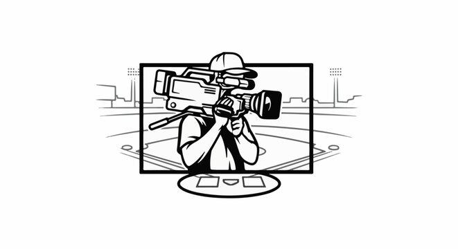 A cameraman films a baseball game from a stadium press box