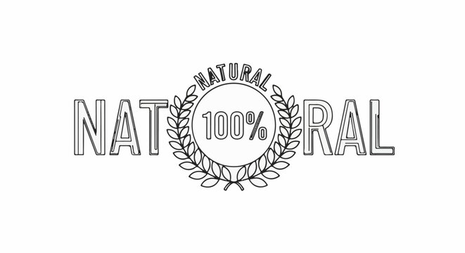 A laurel wreath emblem with "100% NATURAL" text