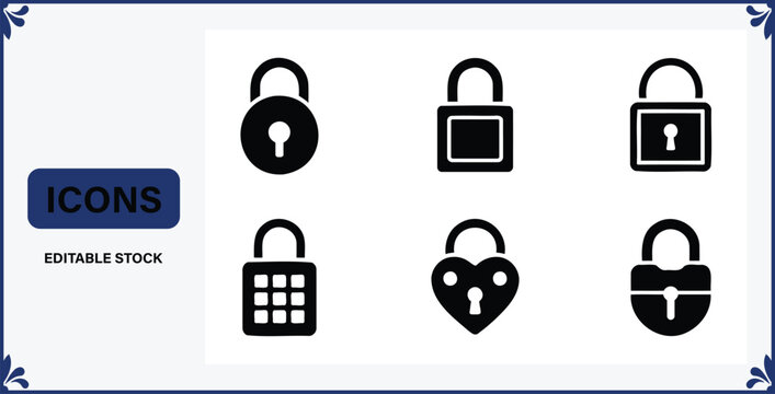 Collection of various padlock and lock icons in black on white background for security and privacy concepts  editable stock