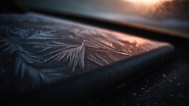 Intricate frost patterns forming delicate crystalline structures on a cold dark surface