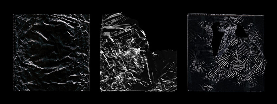 Black Crumpled Plastic Sleeve Texture Set. Polyethylene packaging for CD cover, vinyl. Torn packaging effect. Three glossy black plastic sleeves and torn film pieces with wrinkles, seams. Photo