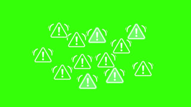 A high-quality static graphic design composition featuring white triangular exclamation warning and alert line icons distributed across a solid green screen background. This pre-keyed vector style int