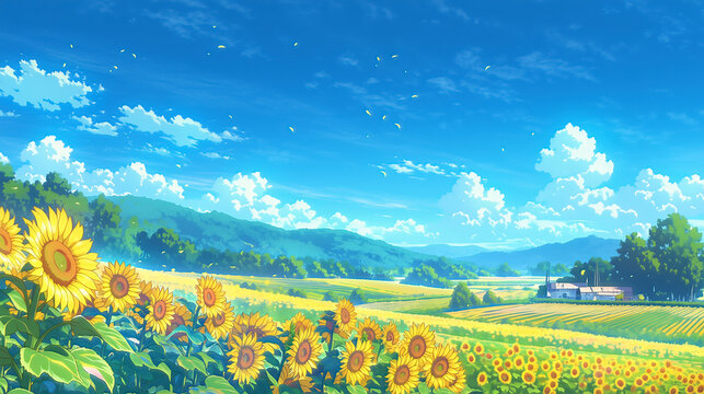 夏の日に広がる青空とひまわり畑の美しい田園風景