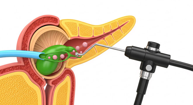 Medical procedure showing endoscopic removal of gallstones from the bile duct near the pancreas