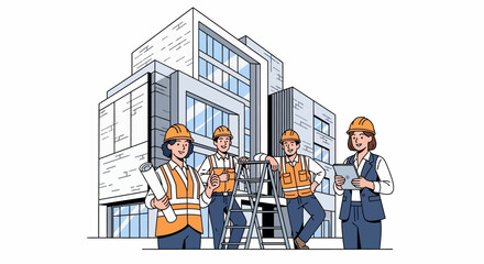 Professional construction team stands proudly in front of a modern building project. © de