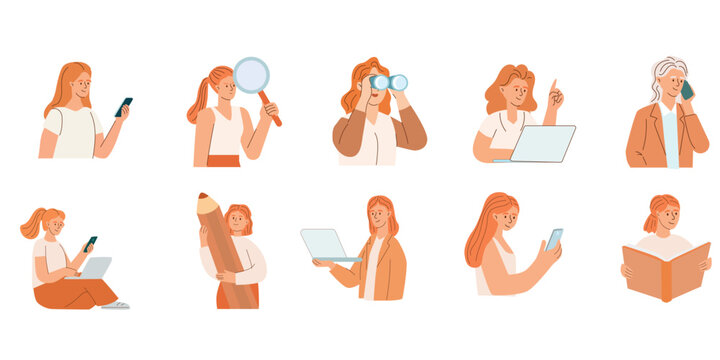 Collection of flat vector female characters in various poses and actions, useful for design and storytelling.