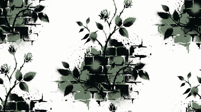 Seamless pattern with roses on brick wall