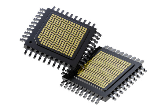 3d realistic microchip icon. semiconductor processor concept. minimal black CPU chip with gold grid for hardware technology. isolated on white transparent background. 3d render.