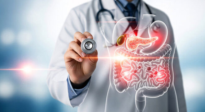 Medical professional examining an illustrated human digestive tract with red glowing areas for diagnosis