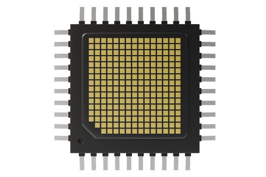 3d realistic microchip icon. semiconductor processor concept. minimal black CPU chip with gold grid for hardware technology. isolated on white transparent background. 3d render.