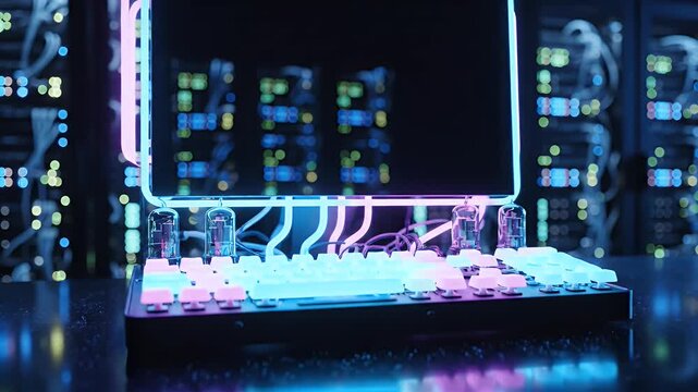 A futuristic, neon-lit computer setup is prominently displayed in front of a server room.